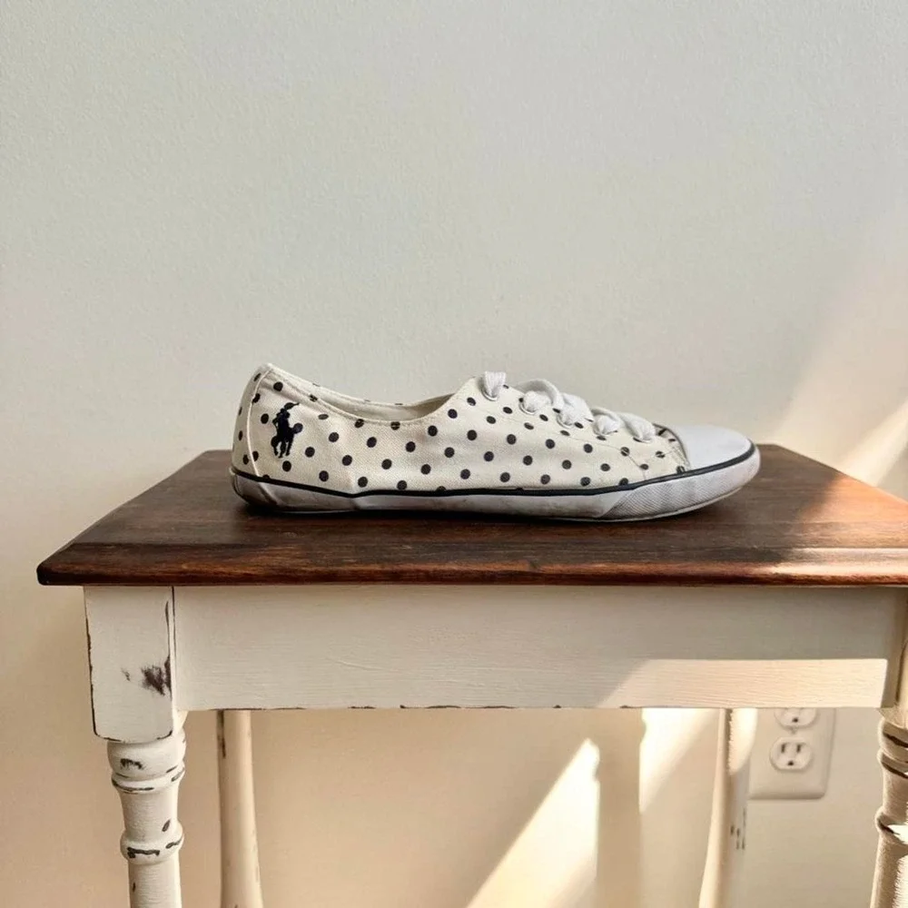 Polo Ralph Lauren Polka Dot Sneaker Navy Blue Cream Cotton Canvas Lace Up